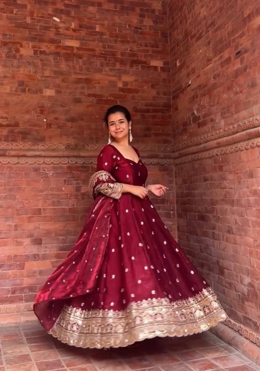 Maroon Anarkali Gown with Dupatta – Festive & Bridal Look
